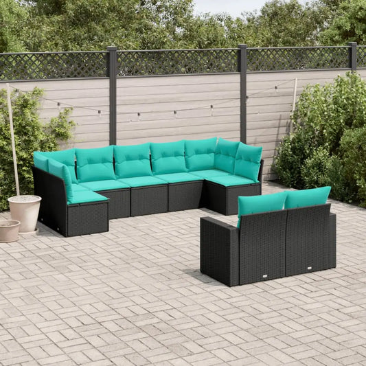 vidaXL 9 Piece Patio Sofa Set with Cushions Black Poly Rattan - Outdoor Furniture Set