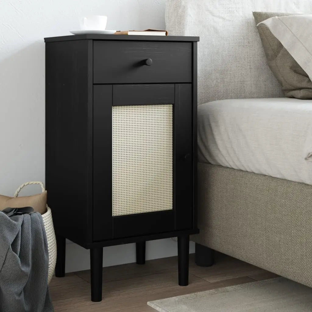 vidaXL Bedside Cabinet Furniture for Bedroom SENJA Rattan Look Solid Wood Pine - Black / 1 pcs - Nightstand