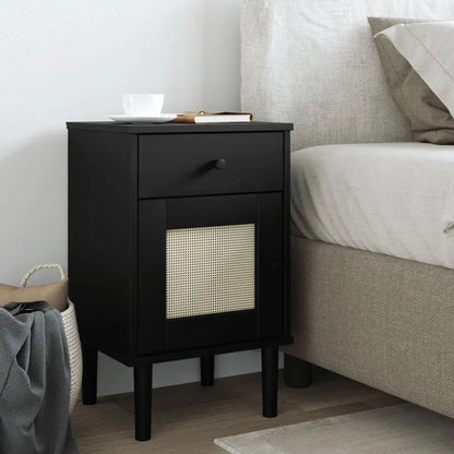 vidaXL Bedside Cabinet Furniture for Bedroom SENJA Rattan Look Solid Wood Pine - Black / 1 pcs - Nightstand