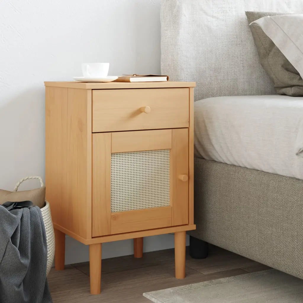 vidaXL Bedside Cabinet Furniture for Bedroom SENJA Rattan Look Solid Wood Pine - Brown / 1 pcs - Nightstand