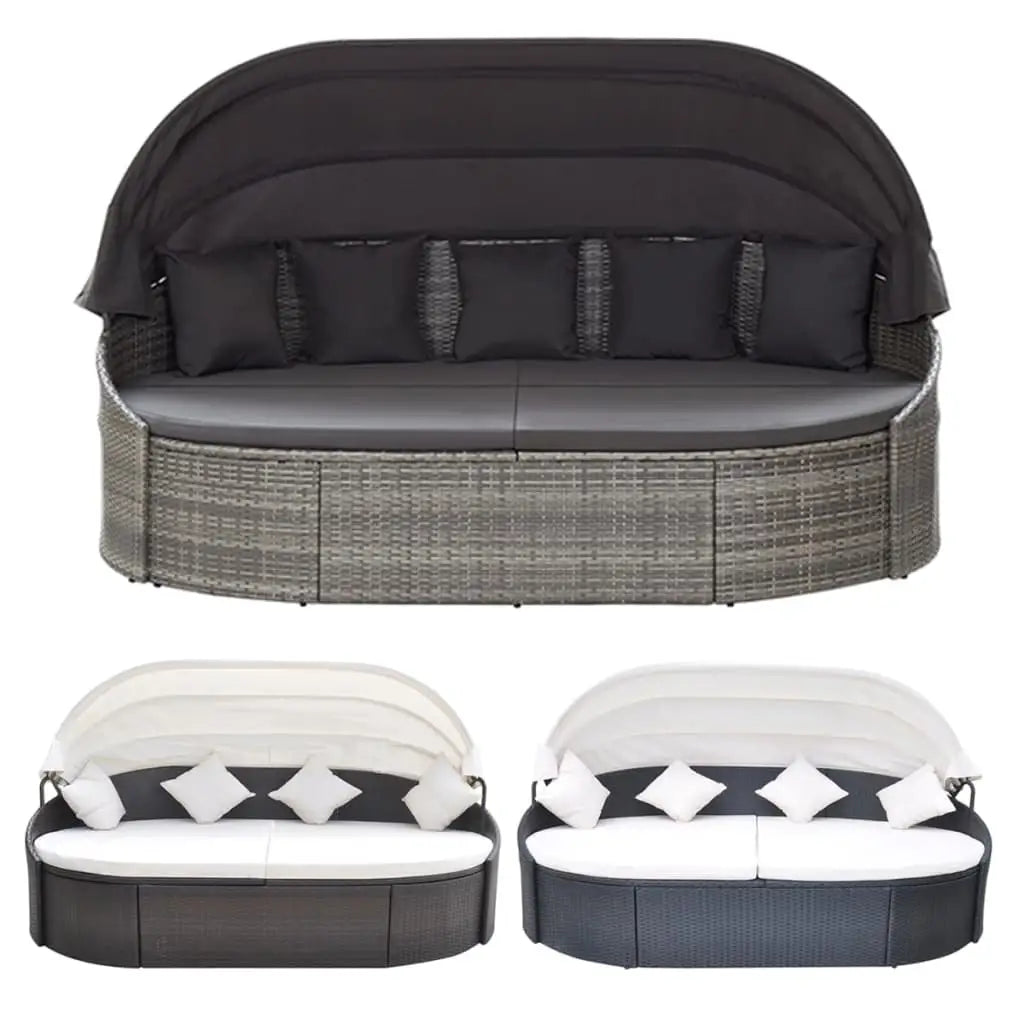 vidaXL Daybed Round Outdoor Patio Lounge Bed with Canopy for Lawn Poly Rattan - Black - Lounge Bed