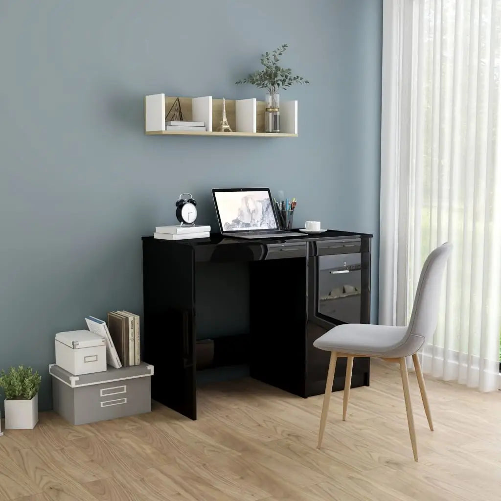vidaXL Desk Computer Desk Office Desk Workstation with Shelves Engineered Wood - High gloss black - Furniture > Office