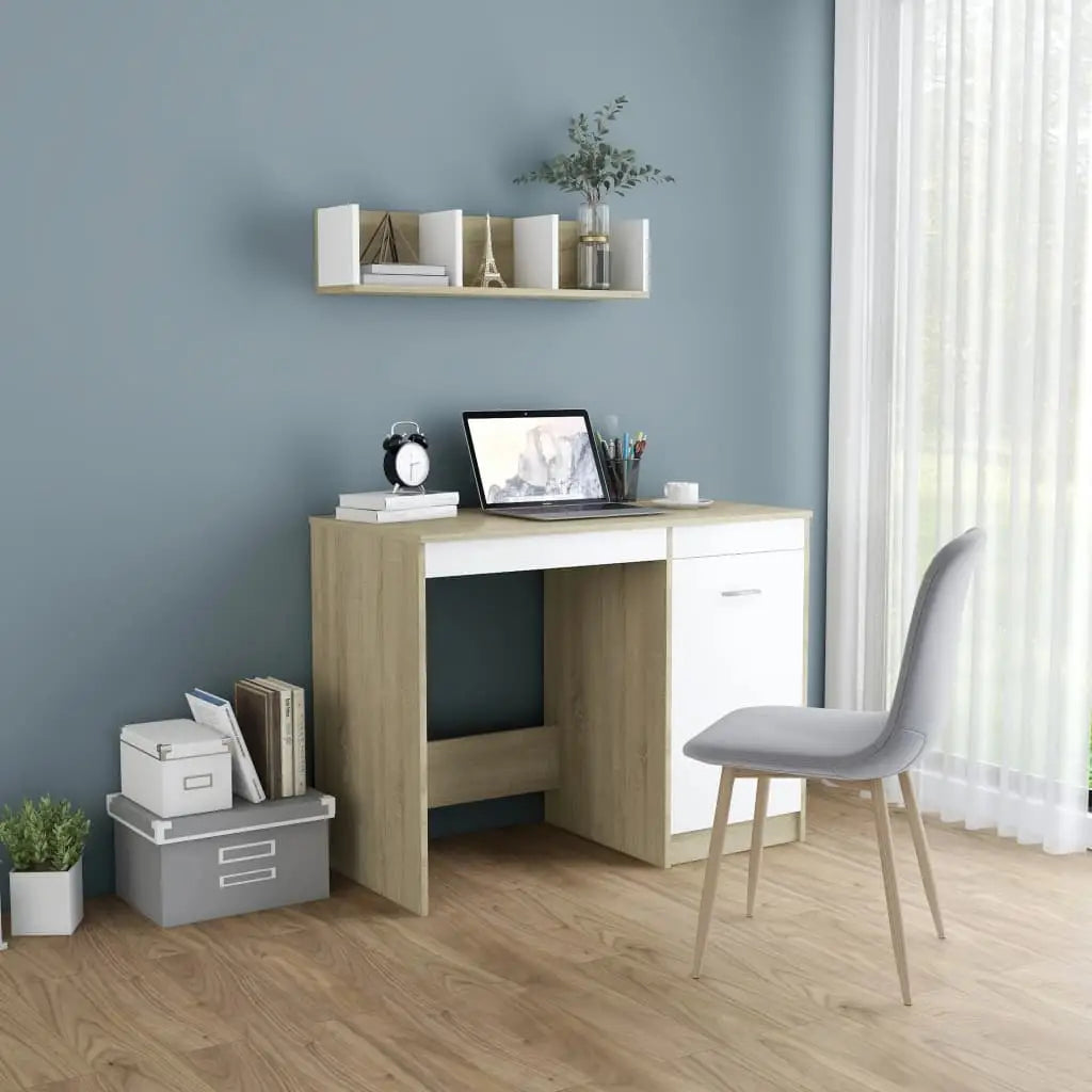vidaXL Desk Computer Desk Office Desk Workstation with Shelves Engineered Wood - White and sonoma oak - Furniture >
