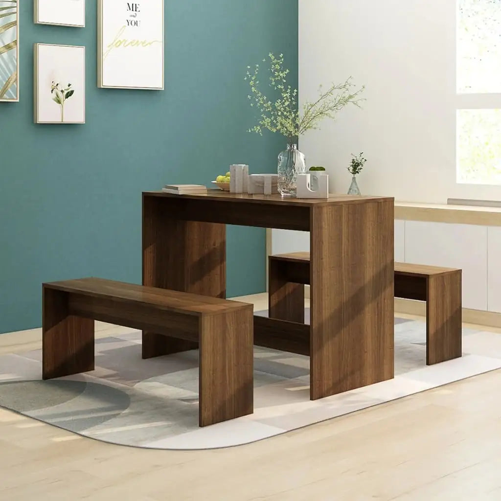 vidaXL Dining Set 3 Piece Dining Table Set with 2 Benches Engineered Wood - Brown oak - Furniture > Furniture Sets >