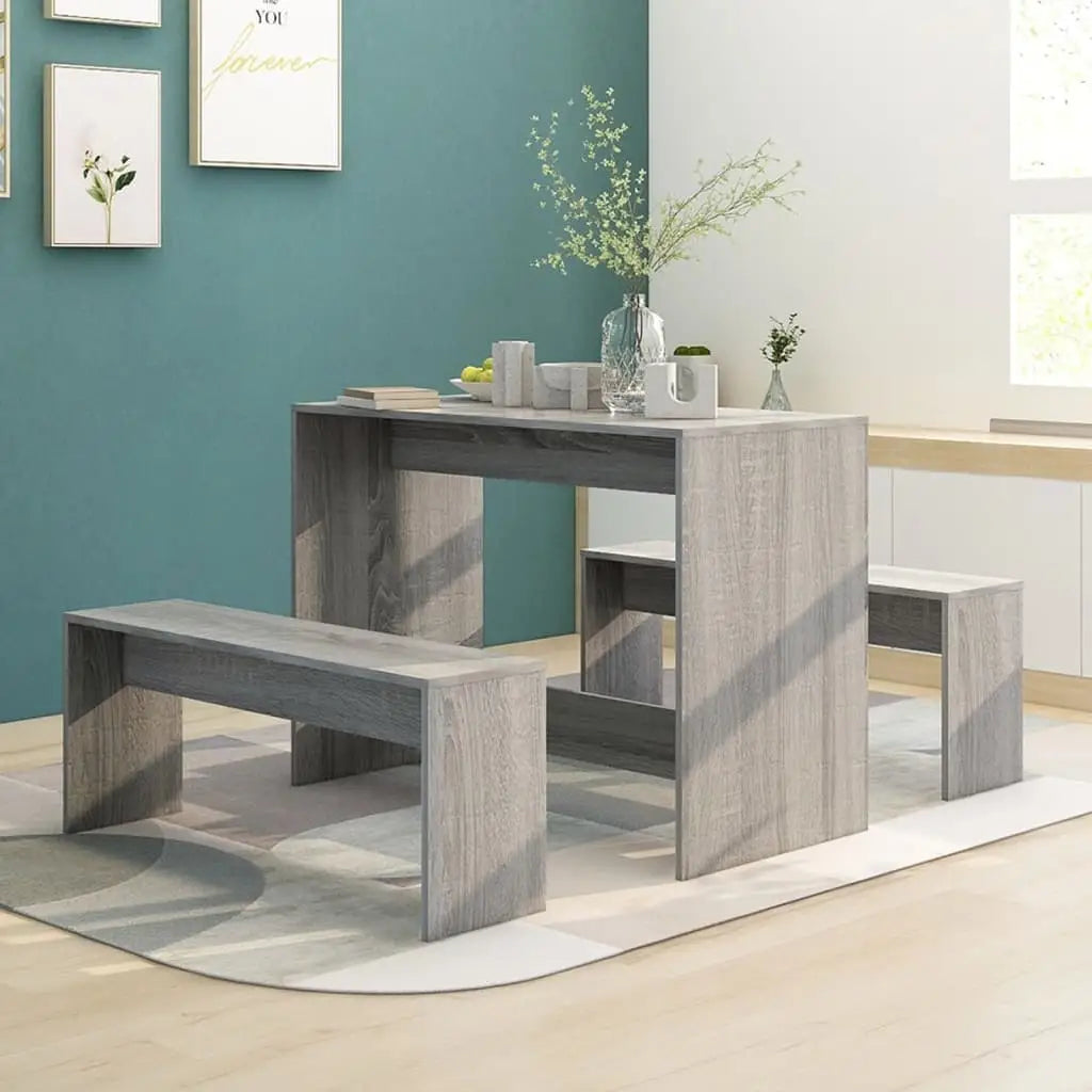 vidaXL Dining Set 3 Piece Dining Table Set with 2 Benches Engineered Wood - Gray sonoma - Furniture > Furniture Sets >