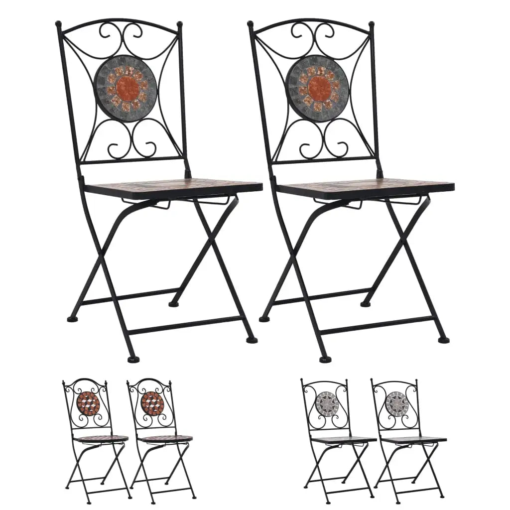 vidaXL Folding Bistro Chairs 2 Pcs Mosaic Bistro Outdoor Patio Chair Ceramic - Brown - Outdoor Chairs