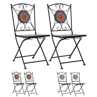 vidaXL Folding Bistro Chairs 2 Pcs Mosaic Bistro Outdoor Patio Chair Ceramic - Brown - Outdoor Chairs