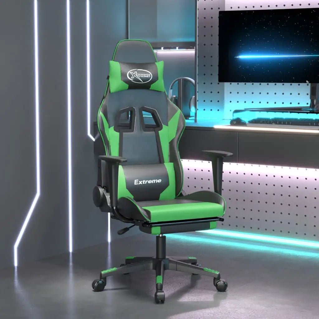 vidaXL Massage Gaming Chair with Footrest Black Faux Leather - Black and green - Furniture > Chairs > Gaming Chairs