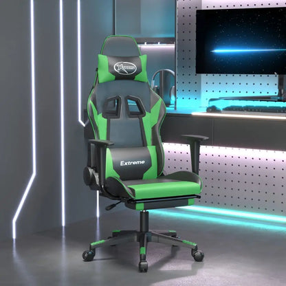 vidaXL Massage Gaming Chair with Footrest Black Faux Leather - Black and green - Furniture > Chairs > Gaming Chairs