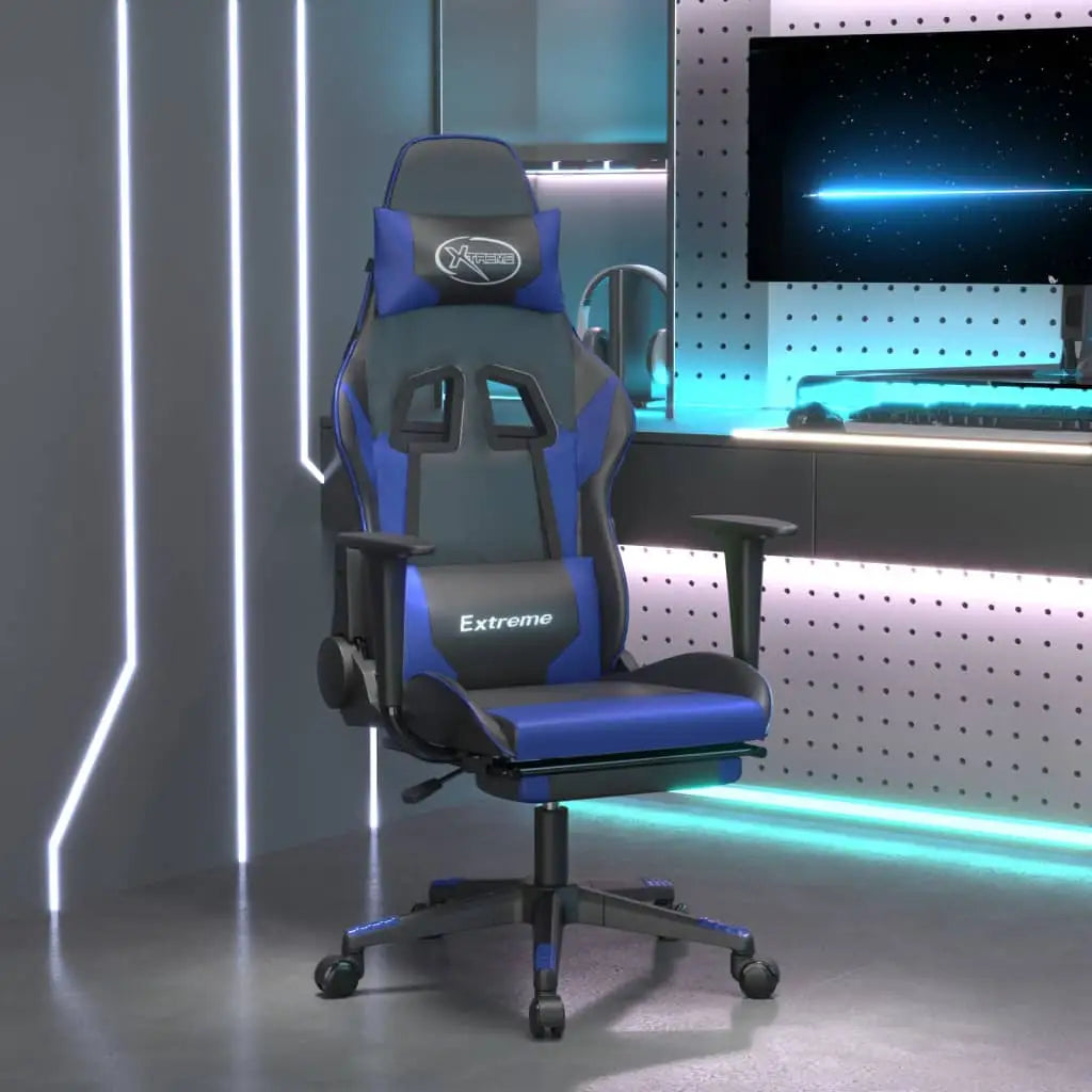 vidaXL Massage Gaming Chair with Footrest Black Faux Leather - Black and blue - Furniture > Chairs > Gaming Chairs