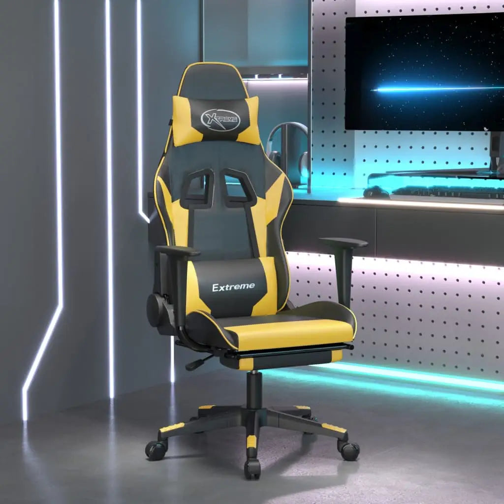 vidaXL Massage Gaming Chair with Footrest Black Faux Leather - Black and gold - Furniture > Chairs > Gaming Chairs