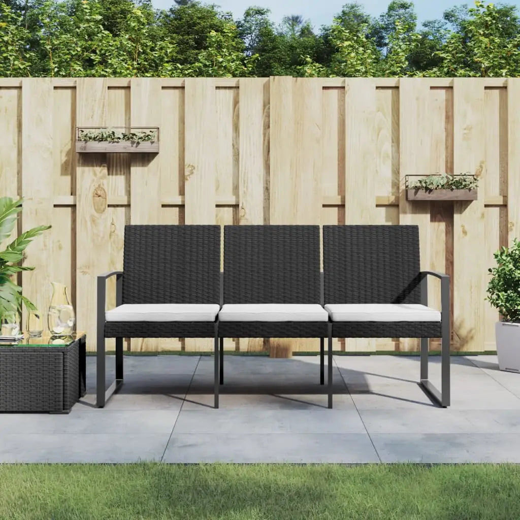 vidaXL Outdoor Bench 3-Seater Bench with Cushions for Porch Deck PP Rattan - Black - Outdoor Bench