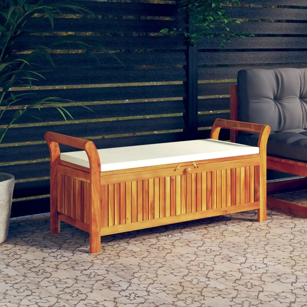 vidaXL Outdoor Storage Bench Patio Deck Box with Cushion Solid Wood Acacia - White / 49.6’’ x 19.7’’ x 23.6’’ - Outdoor