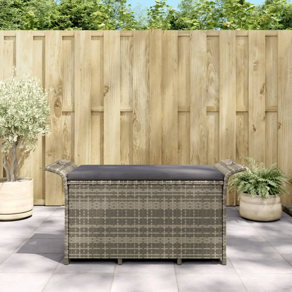 vidaXL Outdoor Storage Bench Patio Rattan Storage Box with Cushion Poly Rattan - Gray / 116 x 46 x 57 cm - Outdoor Bench