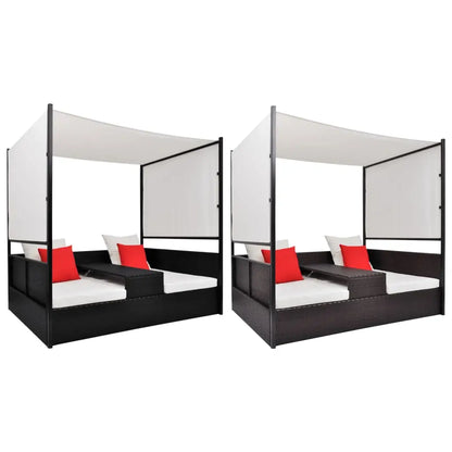 vidaXL Patio Bed Outdoor Patio Double Chaise Lounge with Canopy Poly Rattan - Brown - Outdoor Day Bed