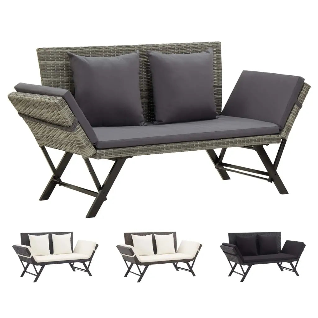 vidaXL Patio Bench Adjustable with Cushions for Outdoor Garden Poly Rattan - Brown - Patio Bench