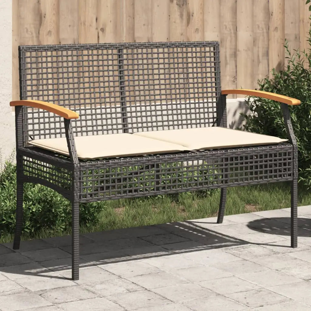 vidaXL Patio Bench with Cushion Black Poly Rattan Acacia Wood - Outdoor Bench