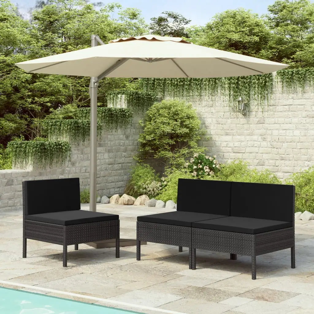 vidaXL Patio Chairs 3 Pcs Rattan Conversation Chair with Cushions Poly Rattan - Black - Outdoor Chairs