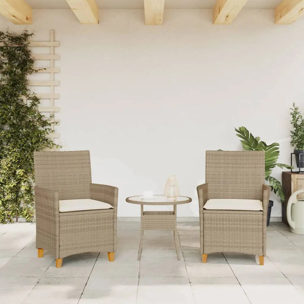 vidaXL Patio Chairs with Cushions 2 pcs Beige Poly Rattan&Solid Wood - Outdoor Chairs