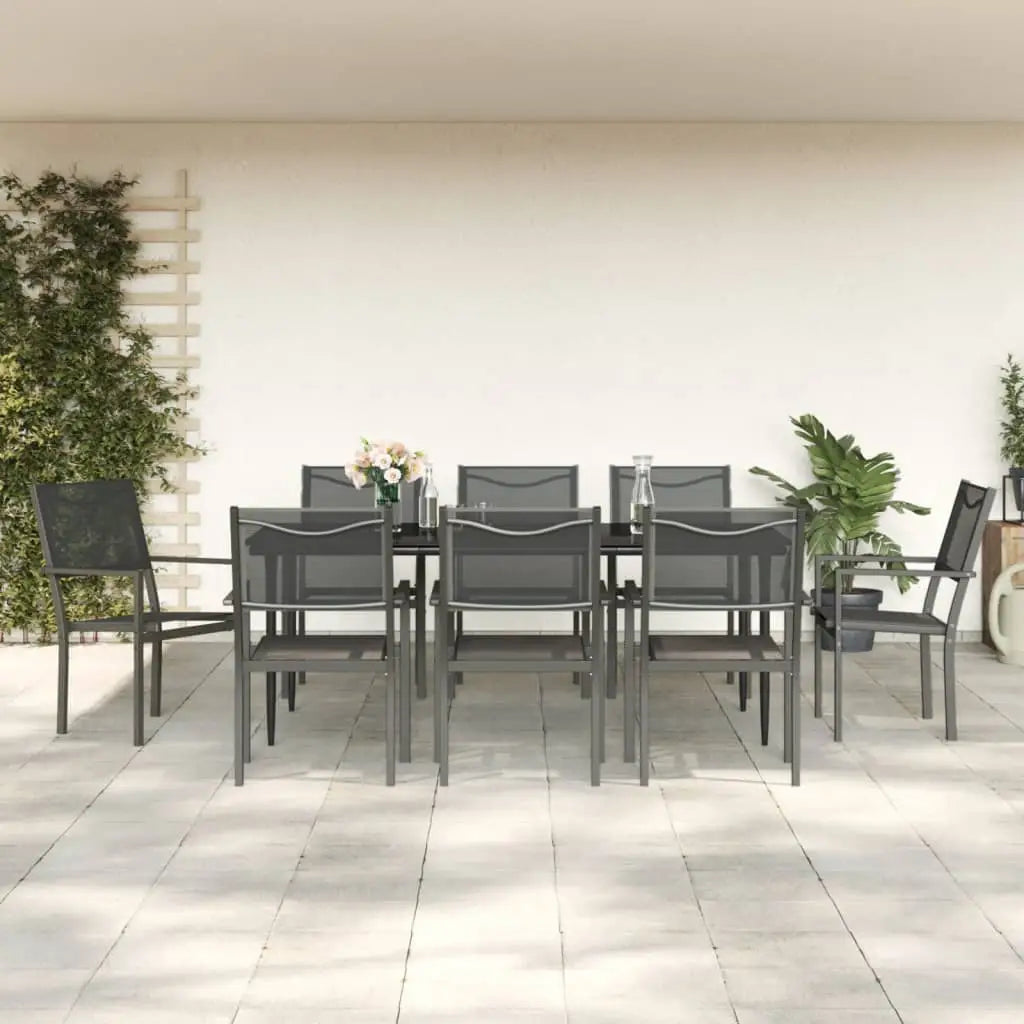 vidaXL Patio Dining Set Outdoor Table and Chair Black Steel and Textilene - 78.8’’ table length/ 9 piece - Dining Set