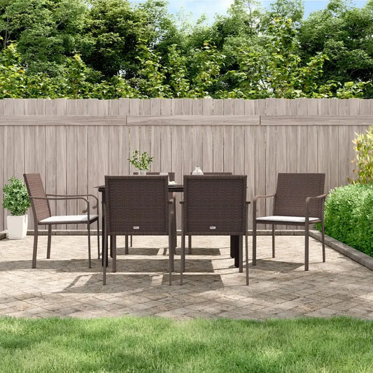 vidaXL Patio Dining Set Table and Chair with Cushions Poly Rattan and Steel - Brown / 55.1’’ table length/ 7 piece