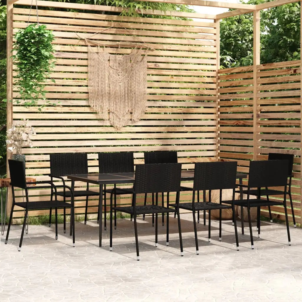 vidaXL Patio Dining Set Wicker Outdoor Dining Table and Chair Conversation Set - Black / 78.8’’ table length/ 9 piece