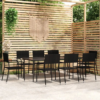 vidaXL Patio Dining Set Wicker Outdoor Dining Table and Chair Conversation Set - Black / 78.8’’ table length/ 9 piece