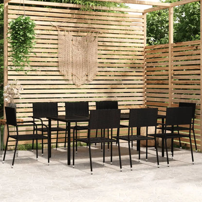 vidaXL Patio Dining Set Wicker Outdoor Dining Table and Chair Conversation Set - Black / 78.8’’ table length/ 9 piece
