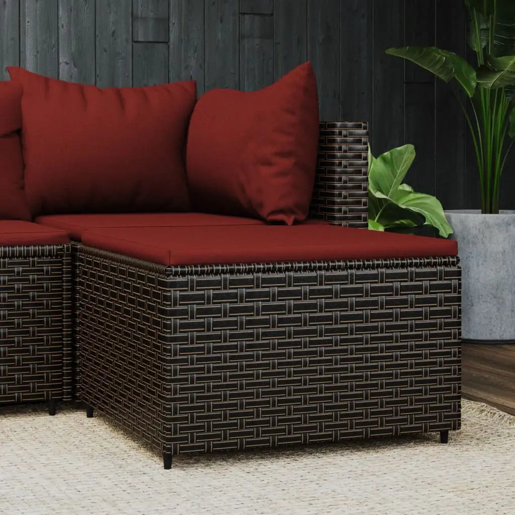 vidaXL Patio Furniture Outdoor Footstool Ottoman with Cushions Poly Rattan - Brown and red / 1 pcs - Ottoman