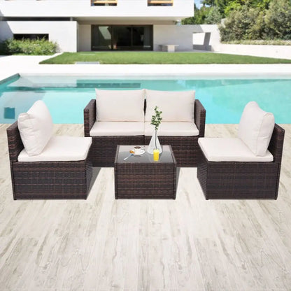 vidaXL Patio Furniture Set 5 Piece Patio Sectional Sofa with Table Poly Rattan - Brown - Outdoor Sofa Set