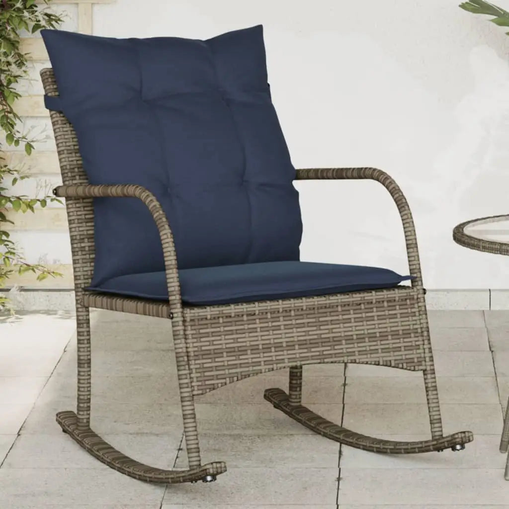 vidaXL Patio Rocking Chair with Cushions Seating Poly Rattan Brown/Gray/Black - Grey / 1 pcs - Outdoor Chair
