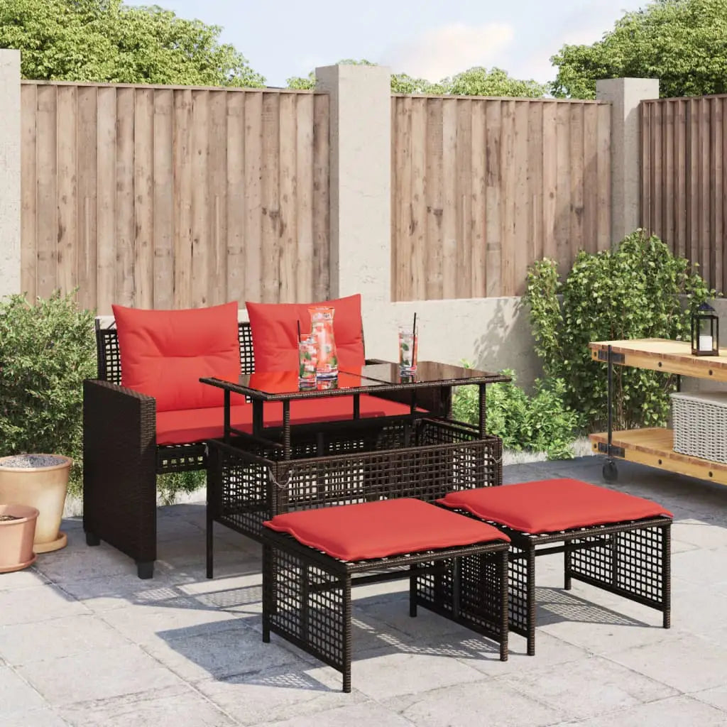 vidaXL Patio Sofa Set with Cushions 4 Piece Poly Rattan Glass Brown/Gray/Black - Outdoor Sofa Set