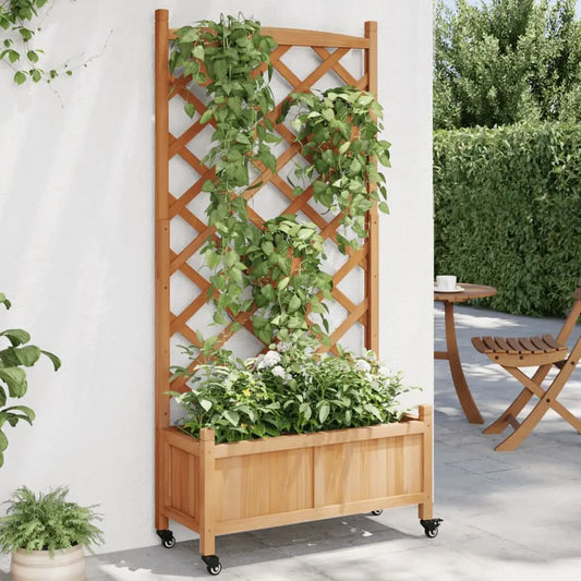 vidaXL Planter with Trellis and Wheels Brown Solid Wood Fir - Planter