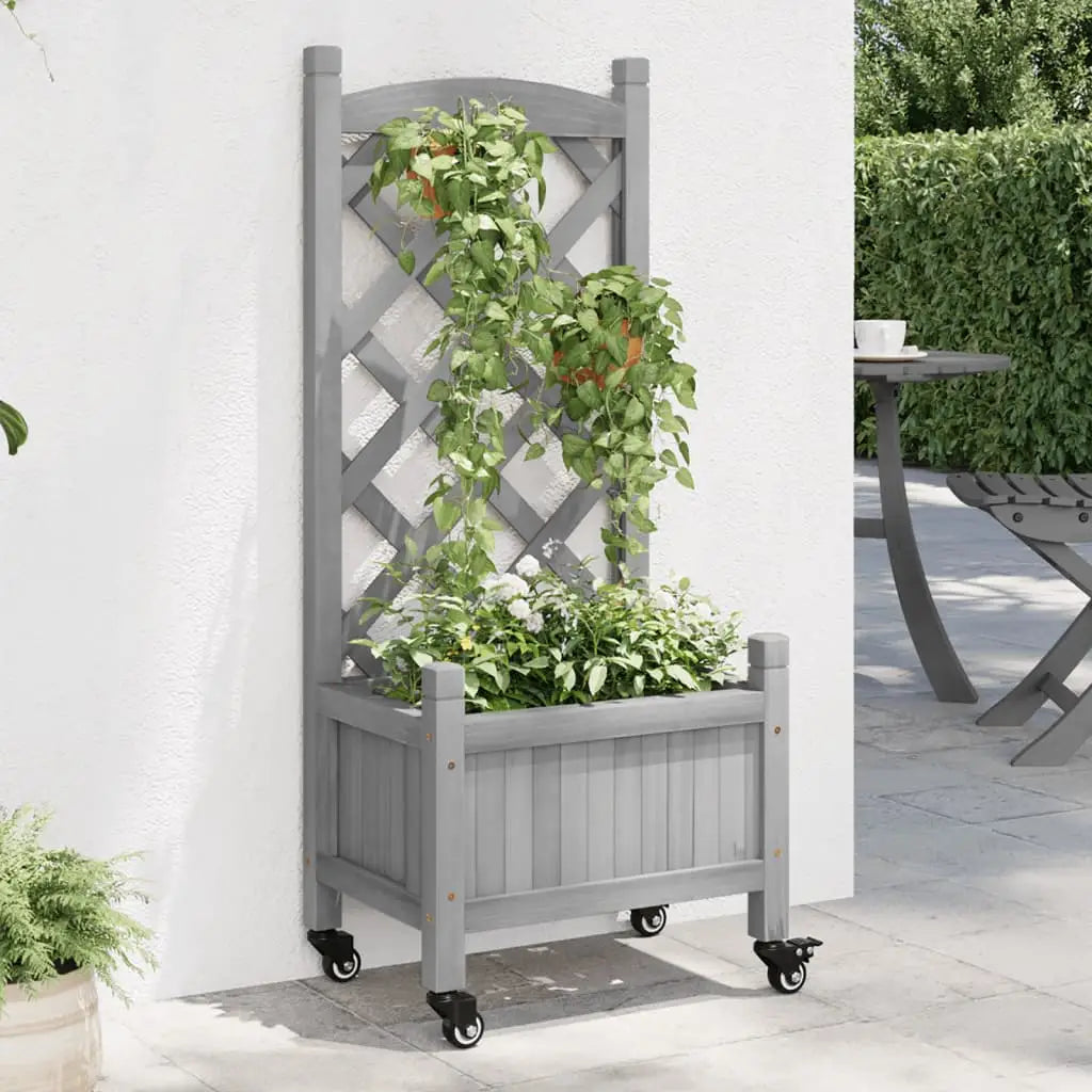 vidaXL Planter with Trellis and Wheels Gray Solid Wood Fir - Home & Garden > Lawn & Garden > Gardening > Pots & Planters