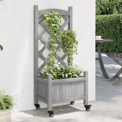 vidaXL Planter with Trellis and Wheels Gray Solid Wood Fir - Home & Garden > Lawn & Garden > Gardening > Pots & Planters