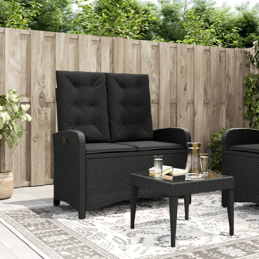 vidaXL Reclining Patio Bench with Cushions Black Poly Rattan - Outdoor Bench