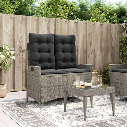 vidaXL Reclining Patio Bench with Cushions Gray Poly Rattan - Outdoor Bench