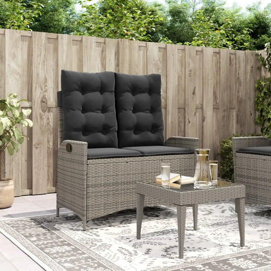vidaXL Reclining Patio Bench with Cushions Gray Poly Rattan - Outdoor Bench