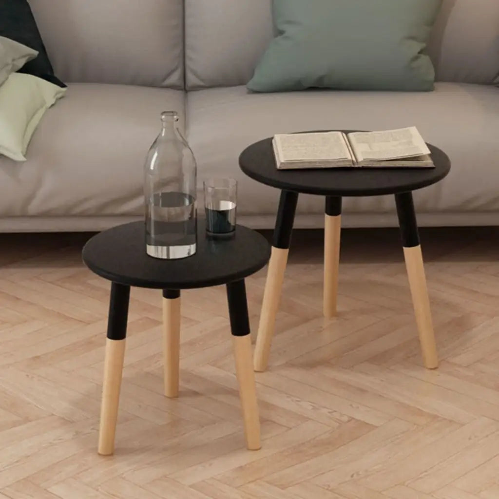 vidaXL Side Table Set of 2 Round Wooden Sofa Coffee Table Solid Wood Pine - Black - Furniture > Tables > Accent Tables