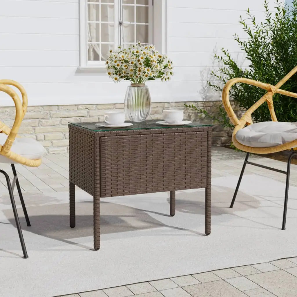 vidaXL Side Table Storage Coffee Console Table Poly Rattan and Tempered Glass - Brown - Furniture > Tables > Accent