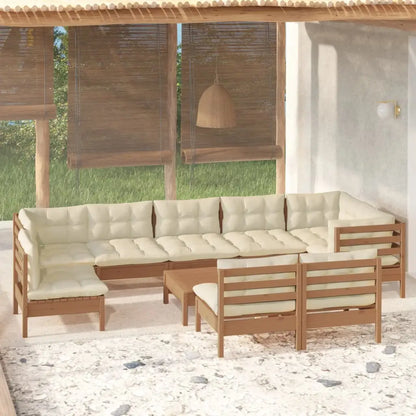 vidaXL Solid Pinewood Patio Lounge Set 10 Piece with Cushions Multi Colors - Brown and cream - Furniture > Outdoor