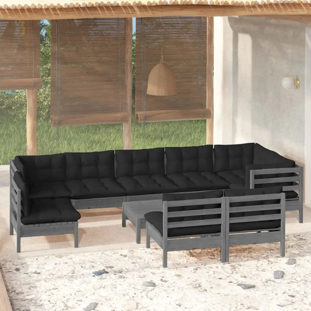 vidaXL Solid Pinewood Patio Lounge Set 10 Piece with Cushions Multi Colors - Brown and cream - Furniture > Outdoor