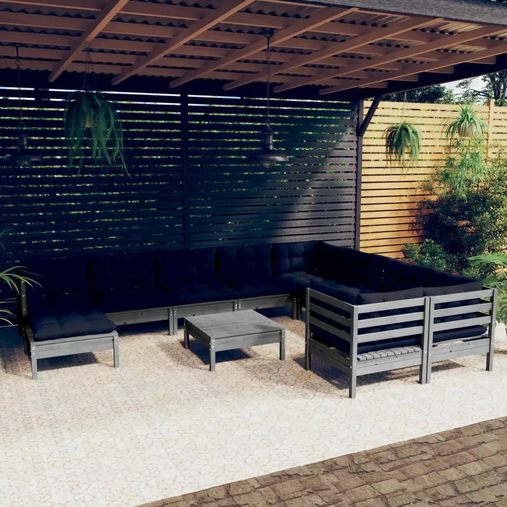 vidaXL Solid Pinewood Patio Lounge Set 11 Piece with Cushions Multi Colors - Lounge Set