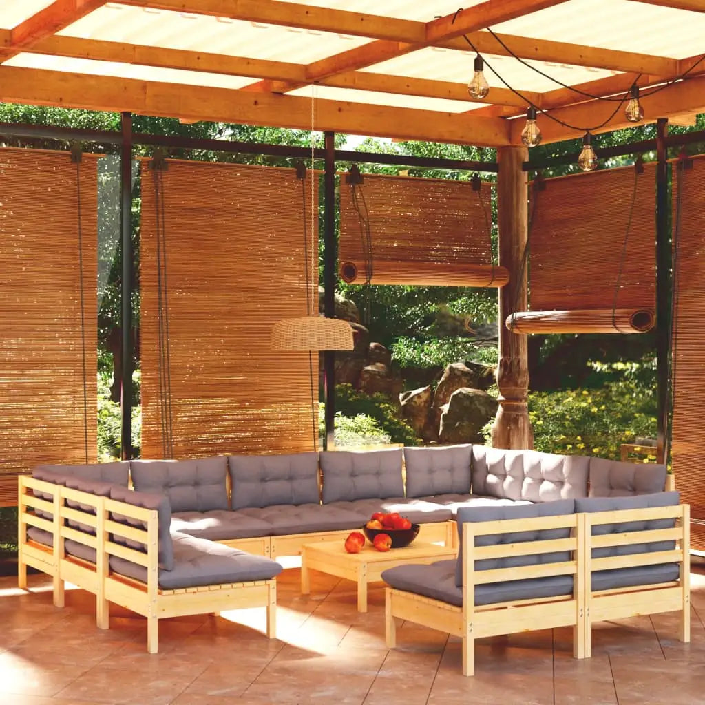 vidaXL Solid Pinewood Patio Lounge Set 12 Piece with Cushions Multi Colors - Brown and cream - Patio Lounge Set