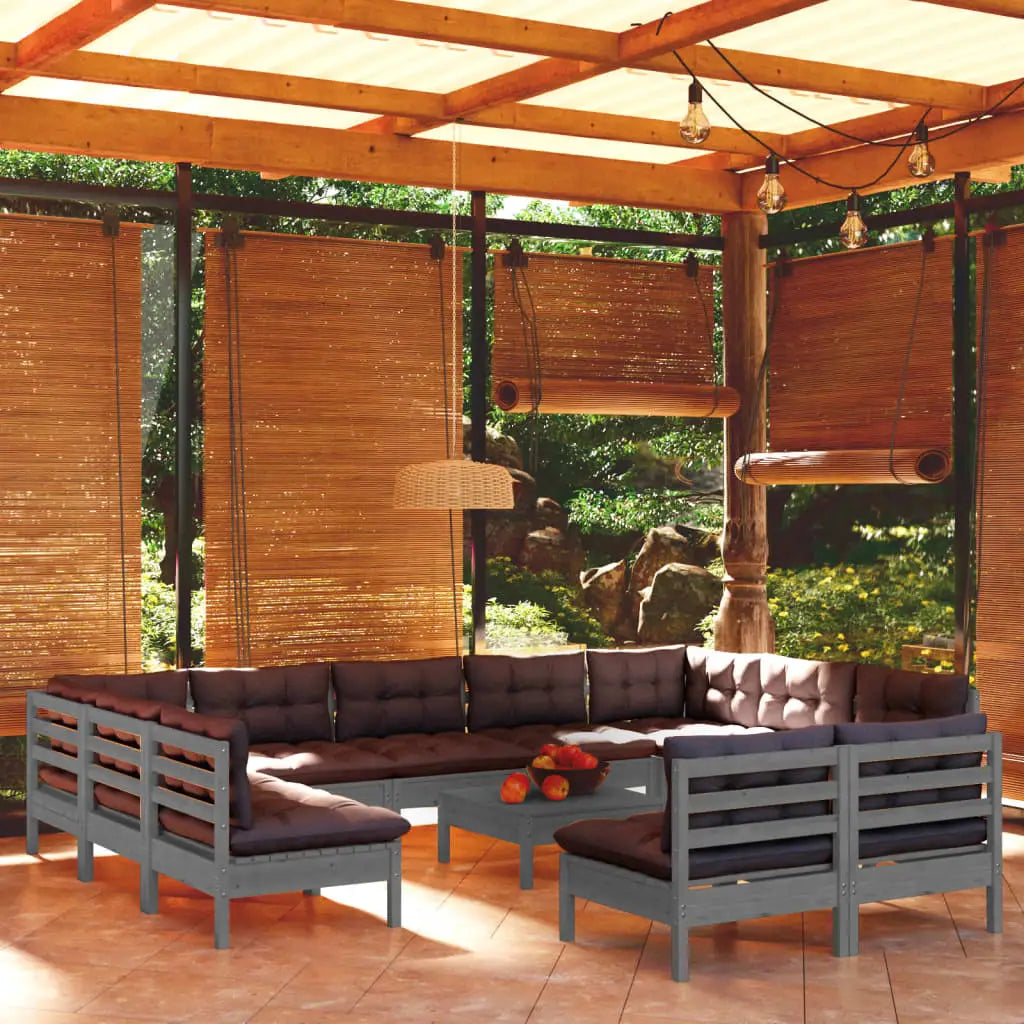 vidaXL Solid Pinewood Patio Lounge Set 12 Piece with Cushions Multi Colors - Brown and cream - Patio Lounge Set