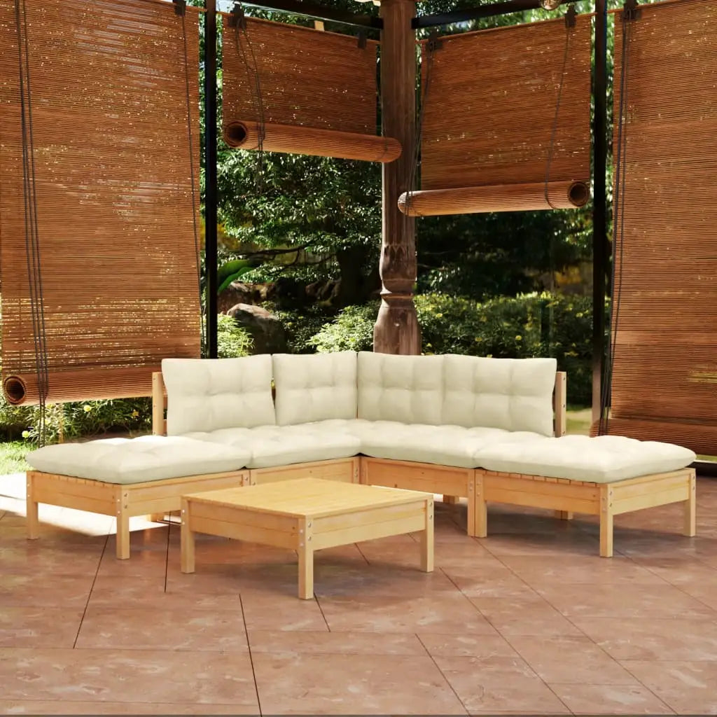 vidaXL Solid Pinewood Patio Lounge Set 6 Piece with Cushions Multi Colors - Brown and cream - Lounge Set