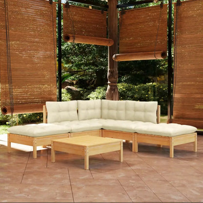 vidaXL Solid Pinewood Patio Lounge Set 6 Piece with Cushions Multi Colors - Brown and cream - Lounge Set