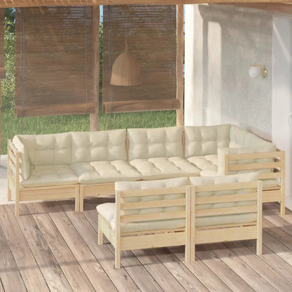vidaXL Solid Pinewood Patio Lounge Set 7 Piece with Cushions Multi Colors - Brown and cream - Lounge Set