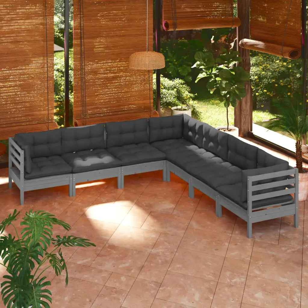 vidaXL Solid Pinewood Patio Lounge Set 7 Piece with Cushions Multi Colors - Brown and cream - Outdoor Furniture Set