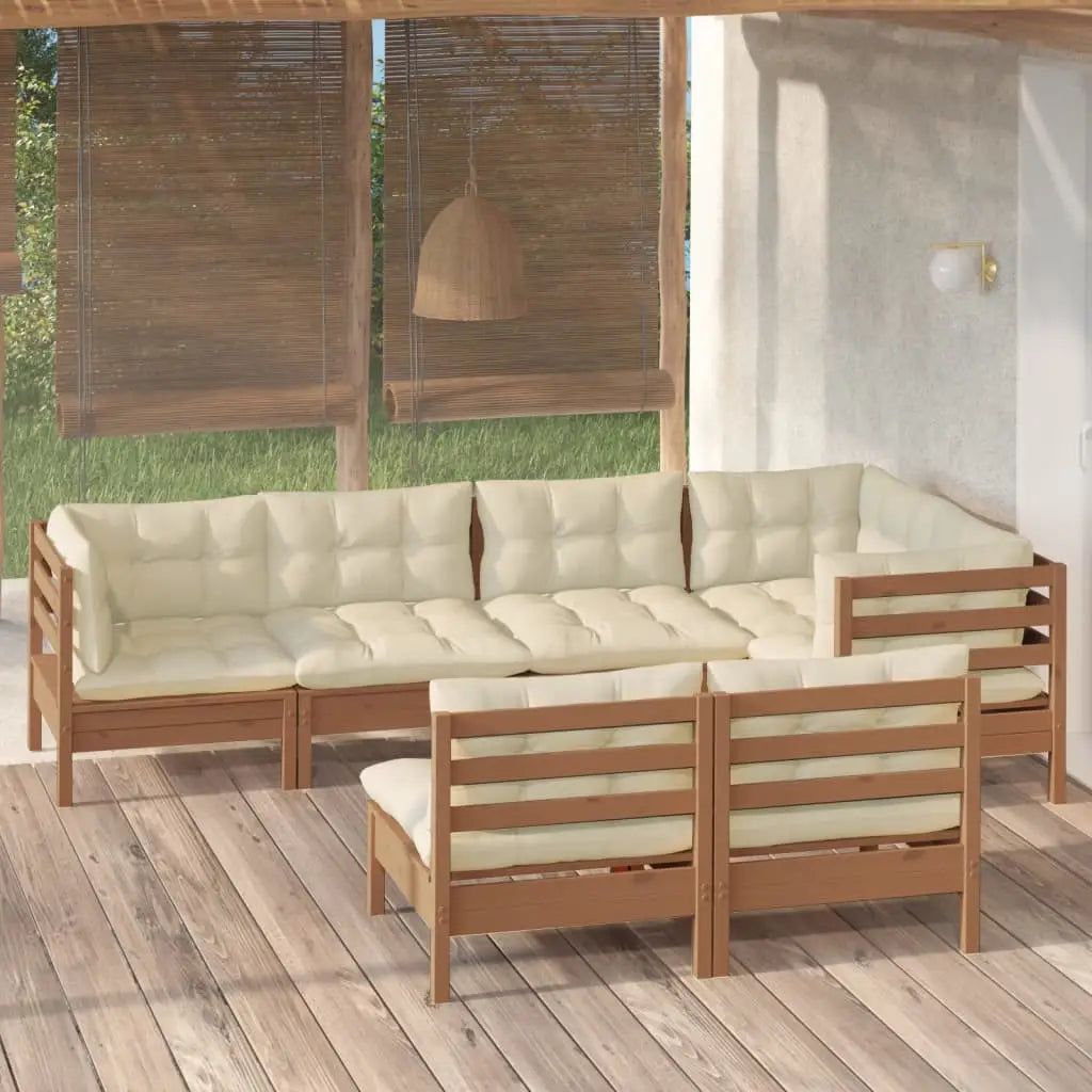 vidaXL Solid Pinewood Patio Lounge Set 7 Piece with Cushions Multi Colors - Brown and cream - Lounge Set